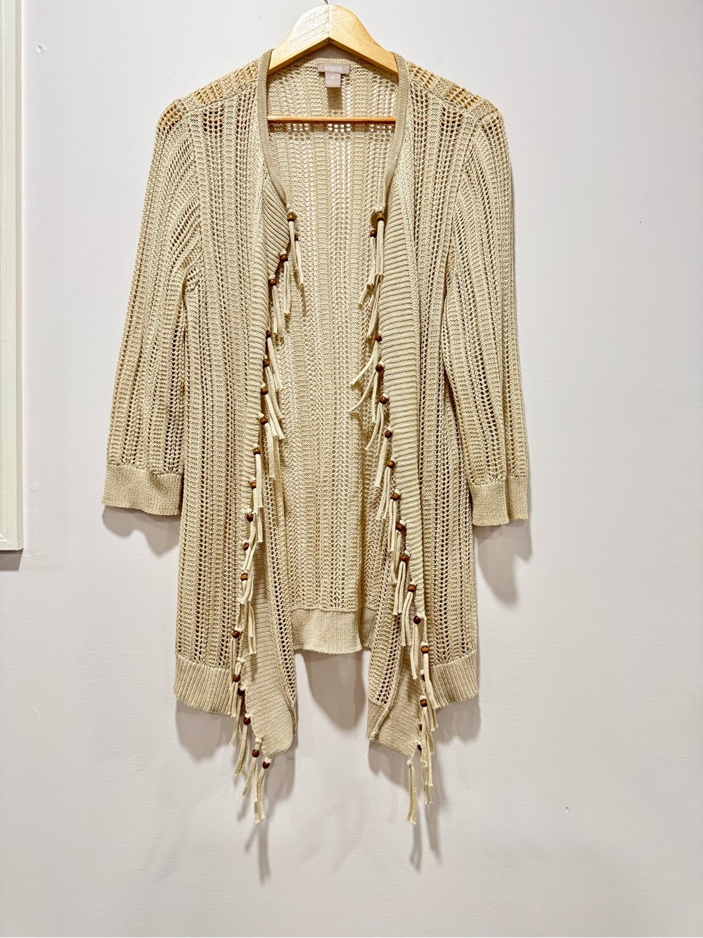 Chico's Oatmeal Beaded Fringe Open Knit Cardigan Size 2 XL